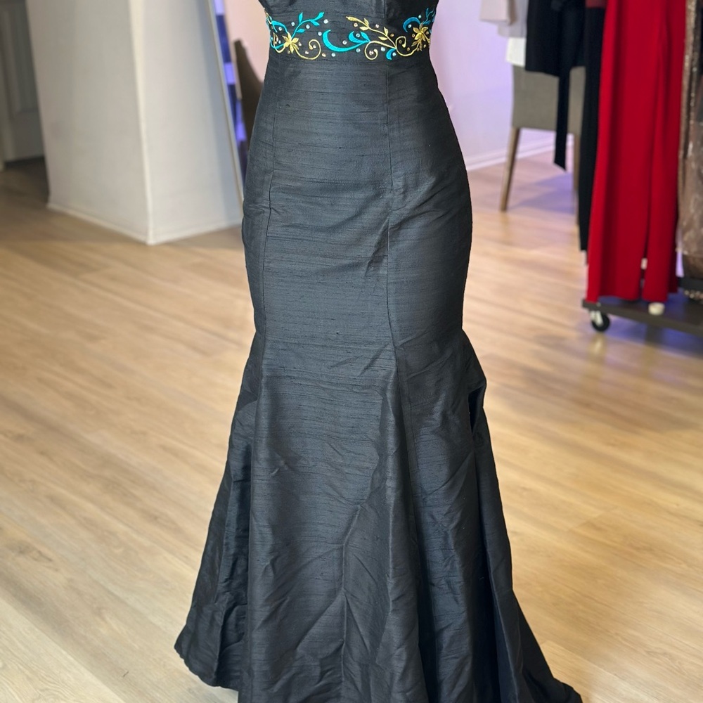 Elegant Black and Teal Embroidered Gown
